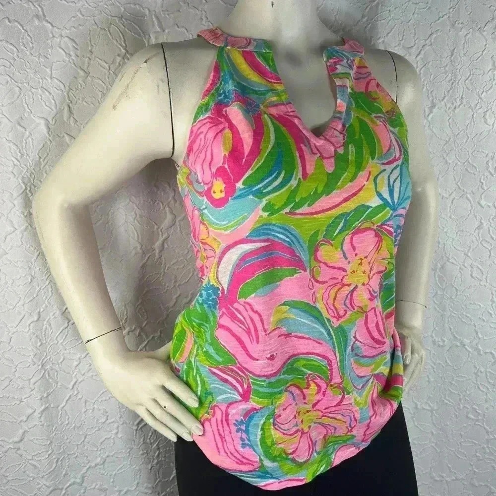Lilly Pulitzer Floral Print Slub Cotton Sleeveless Tank Top S